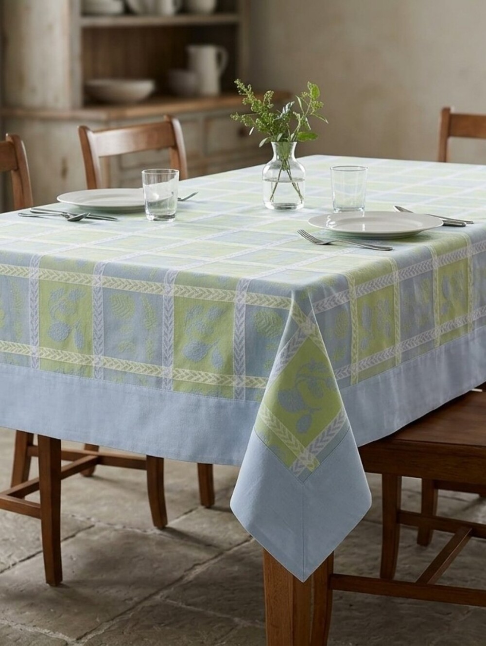 Crate & Barrel Colette Green Blue Pastel 60" x 108" Tablecloth & Napkins